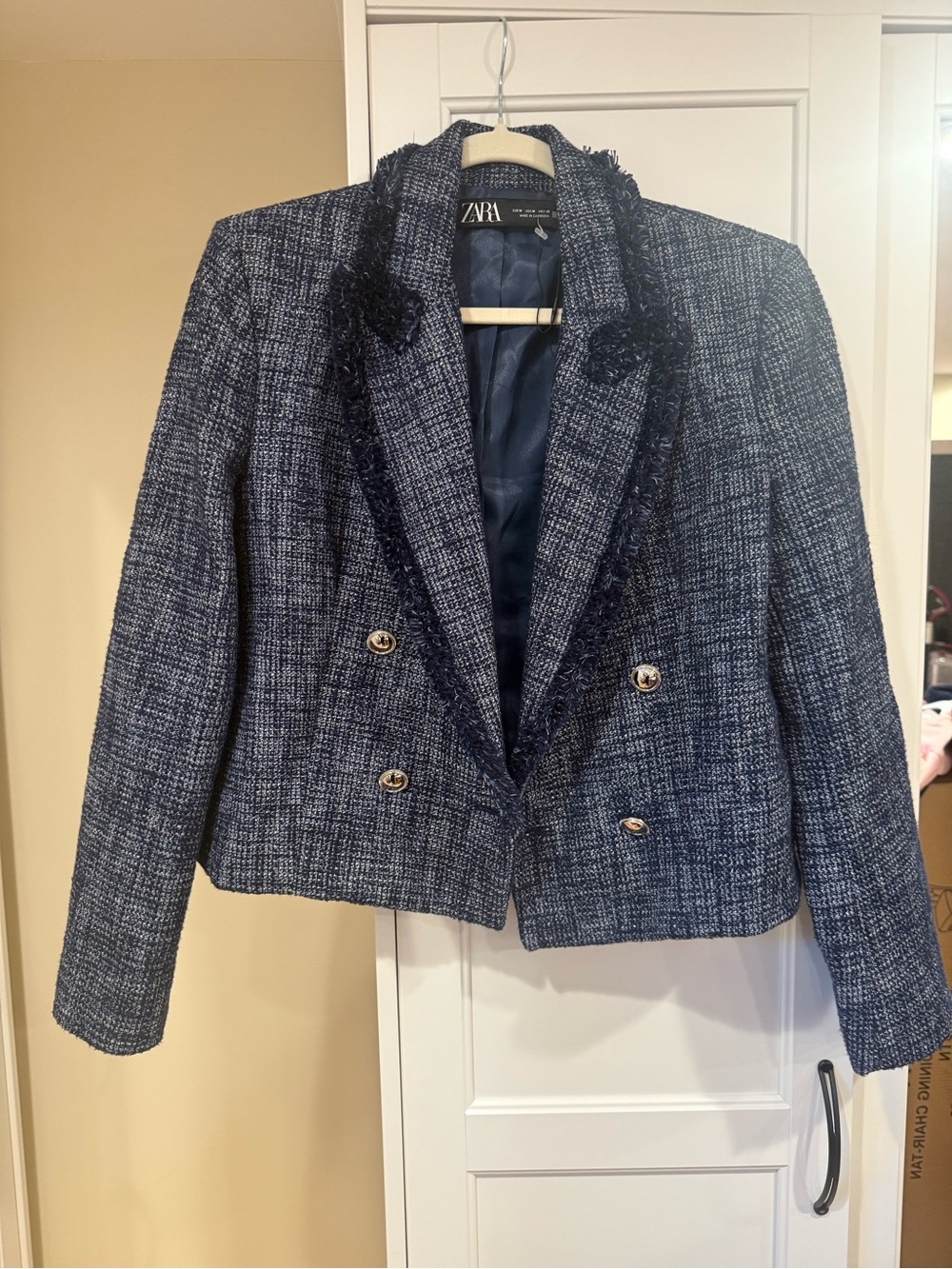 ZARA Navy Tweed Double-Breasted Blazer with Fringe Trim